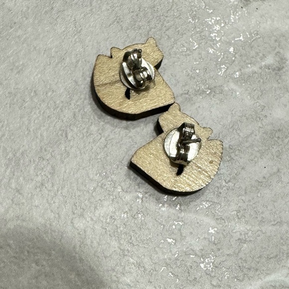 Wood Raccoon Design Earrings, New - Picture 3 of 3